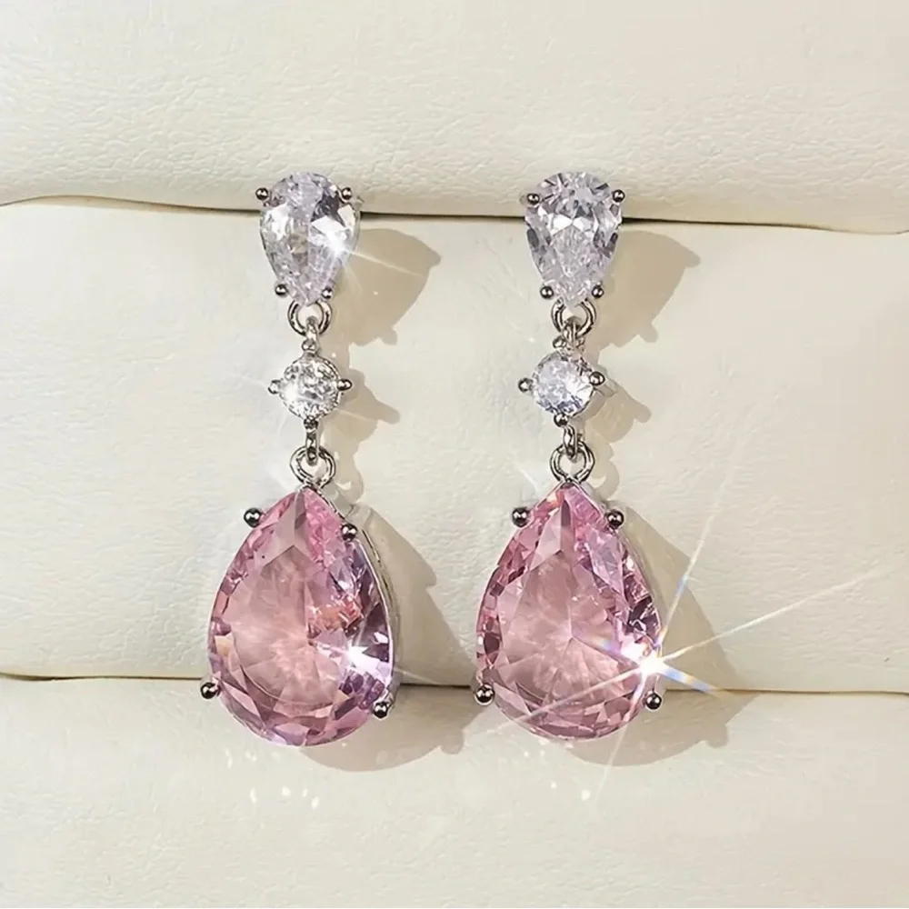 Pink Earrings Cubic Zirconia Pear Shape Rhinestones Luxe Formal Hypoallergenic